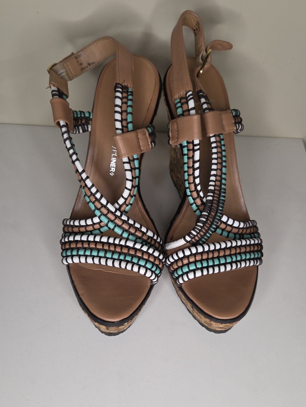 Donald J. Pliner Tan Wedge Sandals with White and Aqua Beaded Straps
